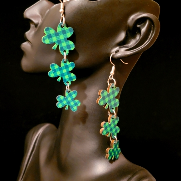 2/$20 Wood St. Patrick's Day Plaid Clover Dangle Earrings - Picture 4 of 4